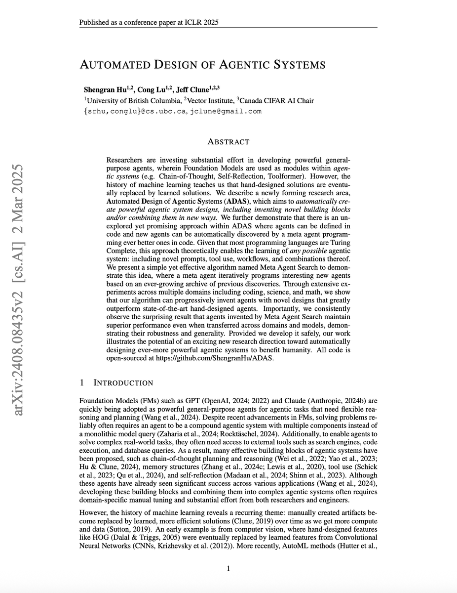 ceobillionaire's tweet image. Automated Design of Agentic Systems

Shengran Hu, Cong Lu, Jeff Clune: arxiv.org/abs/2408.08435

#ArtificialIntelligence #DeepLearning #ReinforcementLearning