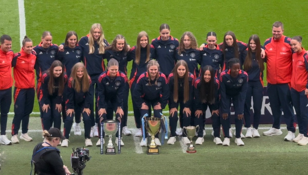 Popkins77's tweet photo. It’s not everyday you get to walk out at old Trafford in front of the crowd to be congratulated and lift the trophies for winning the @SuperCupNI and back to back PGA Warwick tournaments at under 16’s 🏆⚽️ And then to watch @ManUtdWomen achieve their @UWCL spot for 2025/26 🏆⚽️❤️ https://t.co/w6br8Alx3f