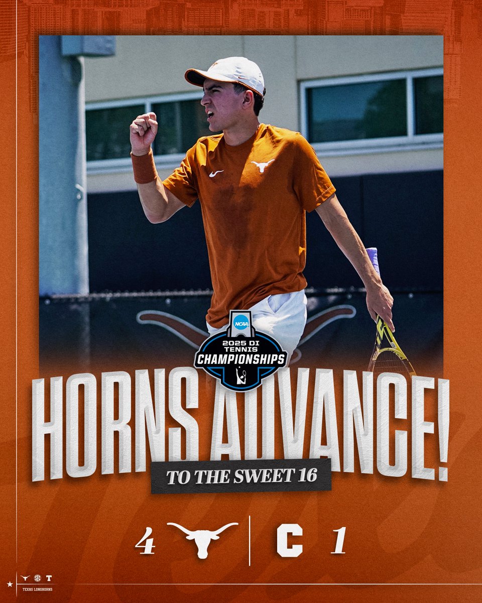 Texas Men's Tennis (@texasmtn) on Twitter photo And there it is!! The Horns are on to the <a href="/NCAATennis/">NCAA Tennis</a> Sweet 16 for the 1️⃣1️⃣th-straight year with a 4️⃣-1️⃣ victory over #37 Cornell!
They’ll next host the winner of #14 Tennessee and #17 Duke on Saturday, May 10 at 1 pm CT at the TTC! See you there!
#HookEm 🤘🎾 And there it is!! The Horns are on to the <a href="/NCAATennis/">NCAA Tennis</a> Sweet 16 for the 1️⃣1️⃣th-straight year with a 4️⃣-1️⃣ victory over #37 Cornell!
They’ll next host the winner of #14 Tennessee and #17 Duke on Saturday, May 10 at 1 pm CT at the TTC! See you there!
#HookEm 🤘🎾