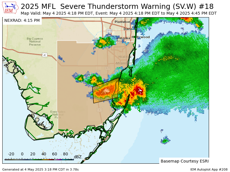 iembot_mfl's tweet photo. MFL issues Severe Thunderstorm Warning [wind: 60 MPH (RADAR INDICATED), hail: 0.75 IN (RADAR INDICATED)] for Miami-Dade [FL] till 4:45 PM EDT https://t.co/zQZShu1tnZ https://t.co/3pisoAvaP0