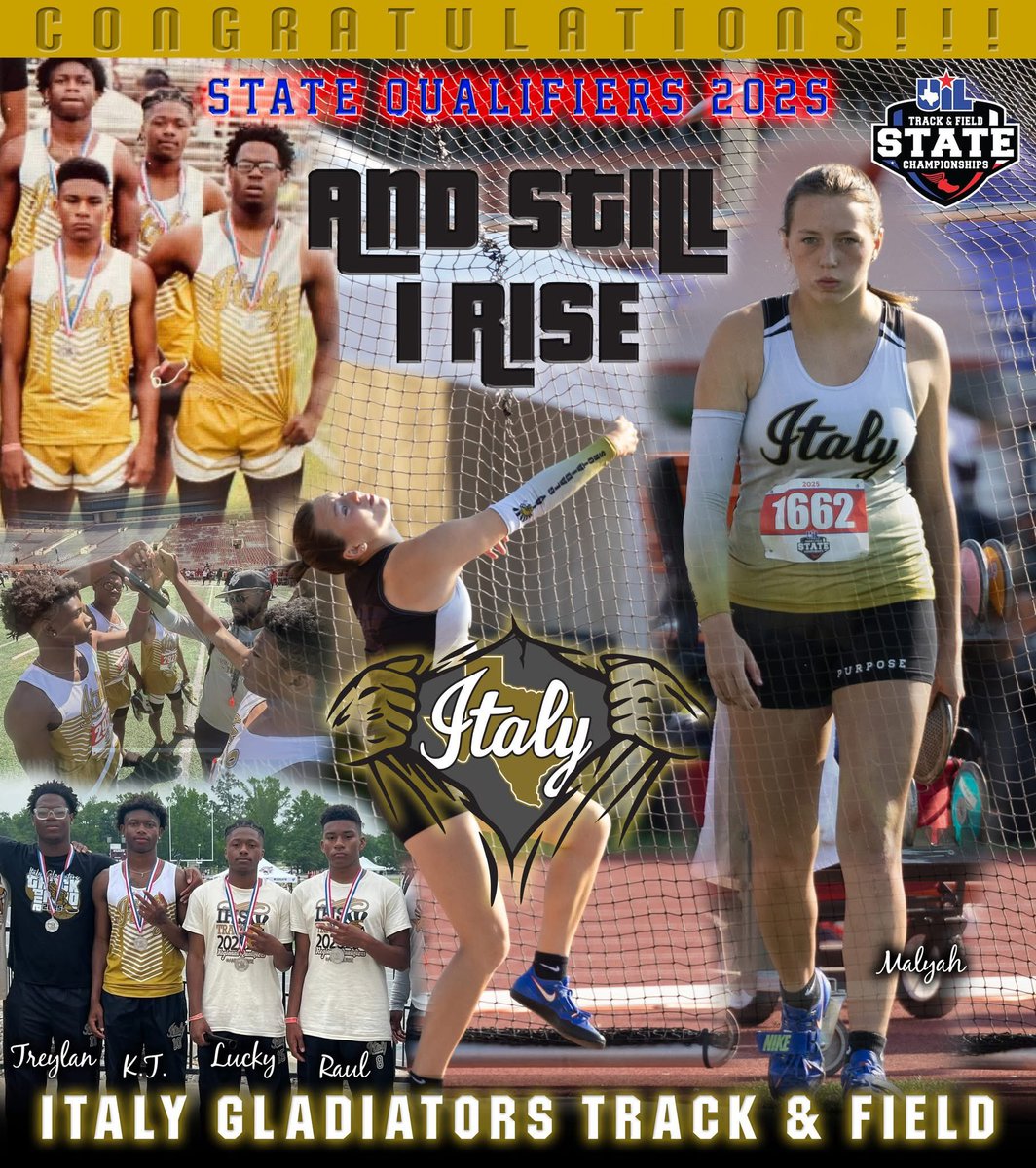 ItalyTXHoops (@italytxhoops) on Twitter photo Way to represent Italy Gladiator Track at the <a href="/uiltexas/">Texas UIL</a> STATE track meet! ALL multi sport athletes🏈🏀⚾️ Great job <a href="/CoachAndersonJA/">Coach J.Anderson ✝</a> and Coach Steinmetz!
<a href="/EllisCoSports/">Ellis County Sports</a> <a href="/Tabchoops/">𝙏𝘼𝘽𝘾🏀📋</a> <a href="/STBA_TX/">STBA-TX.com</a>
#BestIsTheStandard Way to represent Italy Gladiator Track at the <a href="/uiltexas/">Texas UIL</a> STATE track meet! ALL multi sport athletes🏈🏀⚾️ Great job <a href="/CoachAndersonJA/">Coach J.Anderson ✝</a> and Coach Steinmetz!
<a href="/EllisCoSports/">Ellis County Sports</a> <a href="/Tabchoops/">𝙏𝘼𝘽𝘾🏀📋</a> <a href="/STBA_TX/">STBA-TX.com</a>
#BestIsTheStandard
