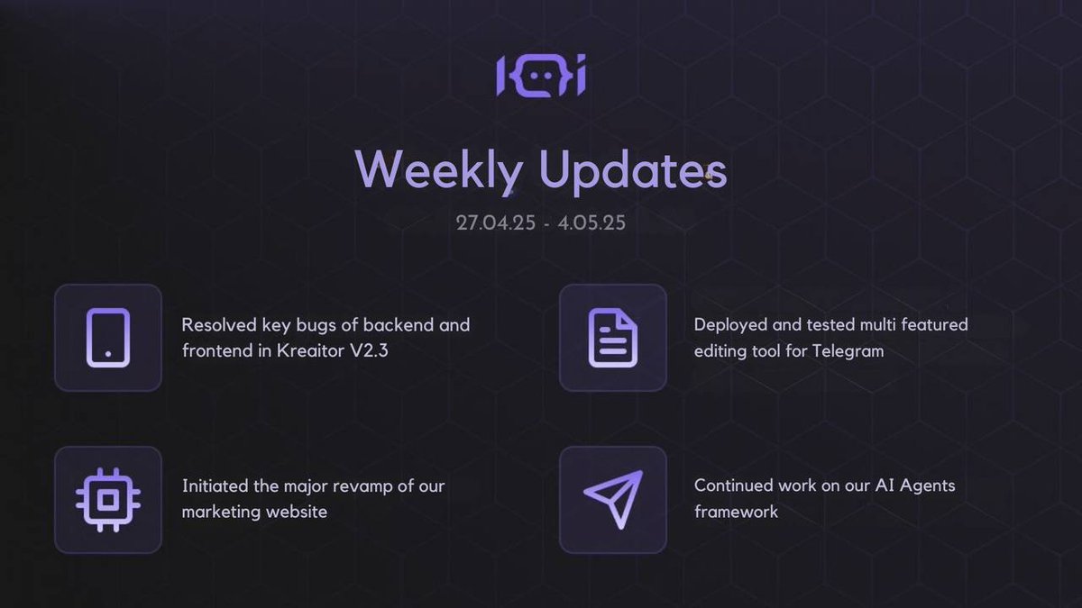 KreaitorAI Weekly Recap 

We’re steadily laying the foundation for what’s next. Here's what we’ve tackled this week:

1) Solved major backend &amp; frontend bugs to fine-tune V2.3
2) Deployed and tested our advanced Telegram editing tool
3) Kicked off a complete revamp of our