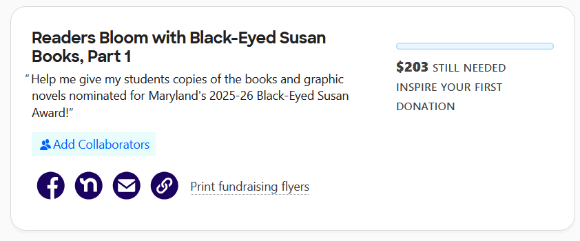 Lori Tecler (@loritecler) on Twitter photo <a href="/ClearTheList2/">ClearThelist - ClearTheList For Teachers in the US</a> <a href="/DonorsChoose/">DonorsChoose</a> The nominees for our state's book award program were just announced! This #DonorsChoose project will help our readers get their hands on the nominated titles so they can get a jump start on reading the books.
Any support/RP appreciated!
#clearthelist
bit.ly/3Yq1HLh <a href="/ClearTheList2/">ClearThelist - ClearTheList For Teachers in the US</a> <a href="/DonorsChoose/">DonorsChoose</a> The nominees for our state's book award program were just announced! This #DonorsChoose project will help our readers get their hands on the nominated titles so they can get a jump start on reading the books.
Any support/RP appreciated!
#clearthelist
bit.ly/3Yq1HLh