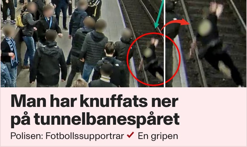 En hemsk händelse. Dock oerhört viktigt att poängtera att detta är en enskild individ och inte ett beteende kopplat till vare sig Djurgården eller supportrar i stort. Färgerna kunde vara tvärtom, eller ske en vanlig utekväll. Rötägg.

Man knuffar ALDRIG ner en människa på spåret.