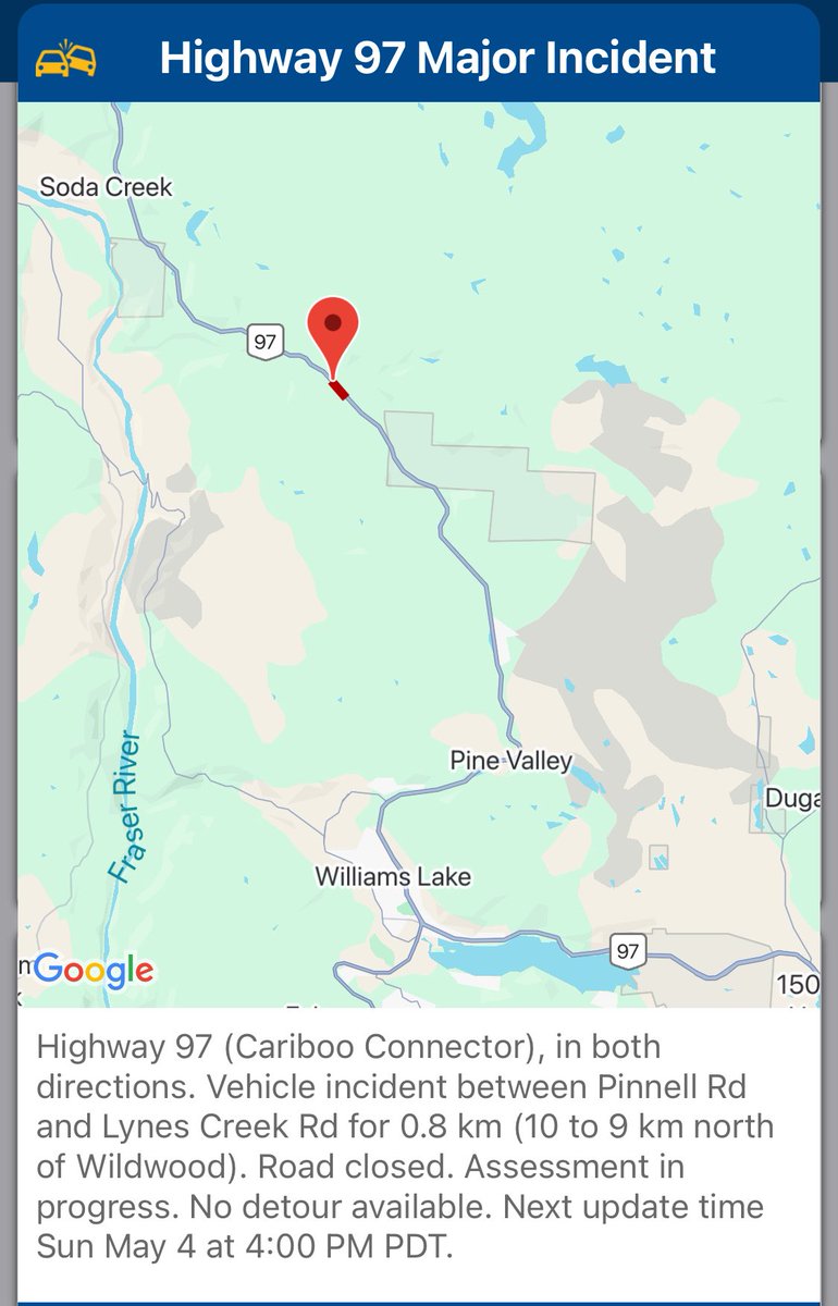 The GOAT (@thegoatrocks) on Twitter photo Hwy 97 just north of Williams Lake still closed due to an MVI. First responders still on scene and this is the 2nd helicopter that’s been at the scene this afternoon. The first one just departed. Dale. #williamslake  #hwy97 #drivesafe Hwy 97 just north of Williams Lake still closed due to an MVI. First responders still on scene and this is the 2nd helicopter that’s been at the scene this afternoon. The first one just departed. Dale. #williamslake  #hwy97 #drivesafe