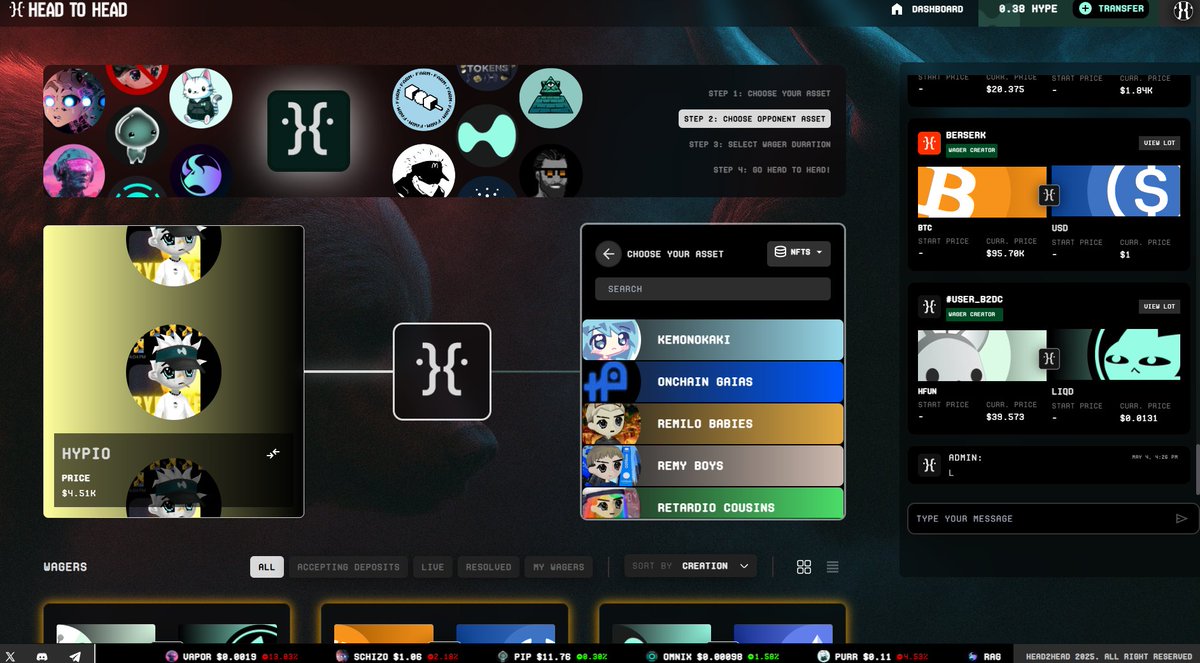 On Head to Head, wager on $HYPIO vs other tokens and NFTs. 

Choose your asset and your opponent's asset. 

Choose a timeframe, and choose your wager size and deposit on Hyperliquid EVM. 

Headtohead.app } { The infrastructure for crypto tribalism