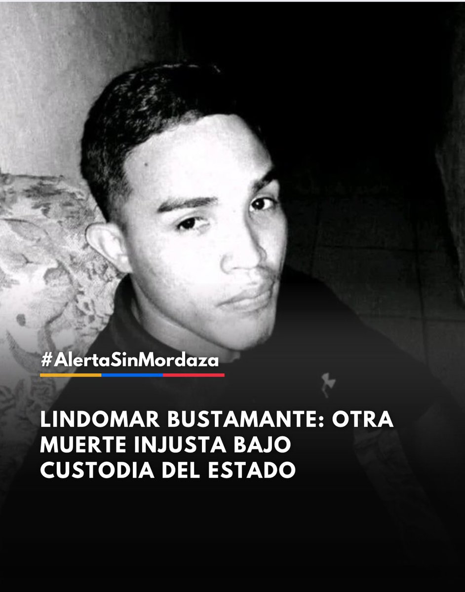 #AlertaSinMordaza #Urgente | Lindomar Bustamante, obrero y mototaxista de 27 años, murió en custodia del Estado.
Estaba injustamente detenido desde hace 9 meses por protestar.
Falleció en Tocorón, presuntamente por suicidio.

Nunca debió estar preso. Exigimos justicia.