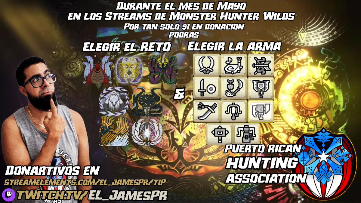 📣ATENCION HUNTERS📣

El Puerto Rican Hunting Association (PRHA) quiere extender la cacería mas allá de los limites autorizados en el outpost de los Forbidden Lands y por eso en TODAS las transmisiones de #MHWilds en mayo incluirán retos que acumulen un tremendo bounty 1/5
