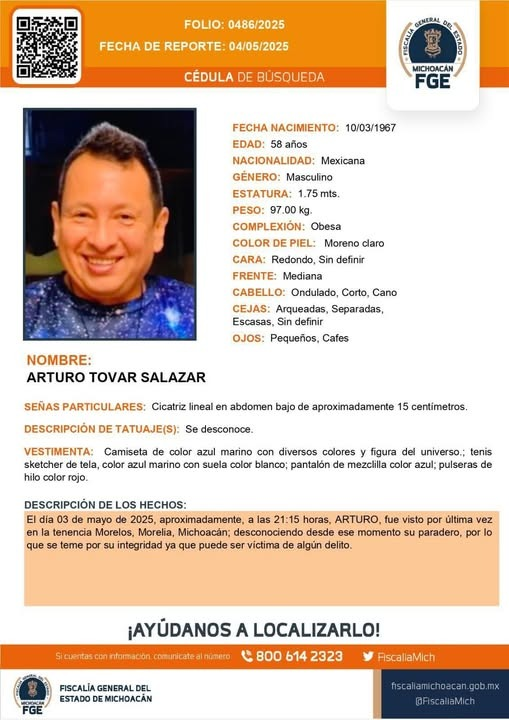 michangoonga's tweet photo. Se solicita de su ayuda para difundir ⚠️Arturo Tovar, de 58 años de edad, reportado como desaparecido el sábado 3 de mayo en la Tenencia Morelos https://t.co/8V6kbZf3lf