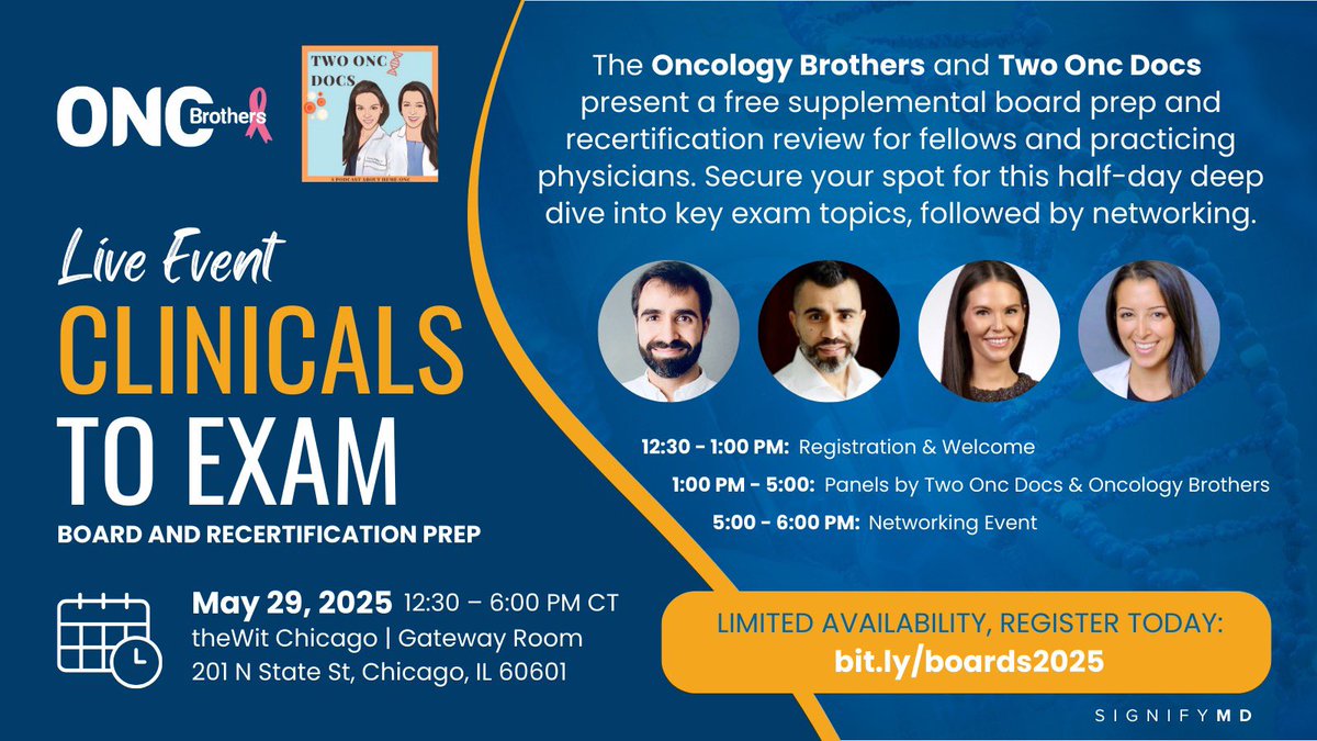 Oncology Brothers (@oncbrothers) on Twitter photo Going to #ASCO25 and preparing for your Oncology Boards? Join us and <a href="/TwoOncDocs/">TwoOncDocs</a>:
May 29, 2025, Thursday
theWit Chicago
Register: bit.ly/boards2025
âś… High yield points
âś… Study schedule
âś… Treatment algorithms
âś… Network with your colleagues
#OncTwitter #MedTwitter Going to #ASCO25 and preparing for your Oncology Boards? Join us and <a href="/TwoOncDocs/">TwoOncDocs</a>:
May 29, 2025, Thursday
theWit Chicago
Register: bit.ly/boards2025
âś… High yield points
âś… Study schedule
âś… Treatment algorithms
âś… Network with your colleagues
#OncTwitter #MedTwitter