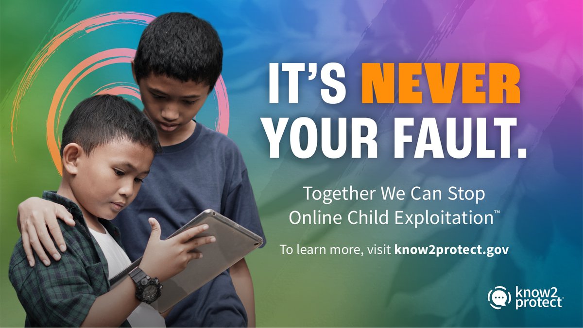 Know2Protect's tweet image. If you or someone you know has experienced online child exploitation or abuse, please remember — it is never the victim’s fault. Support is available. Visit dhs.gov/know2protect/s… to learn more.

#K2P #SpringIntoSafety