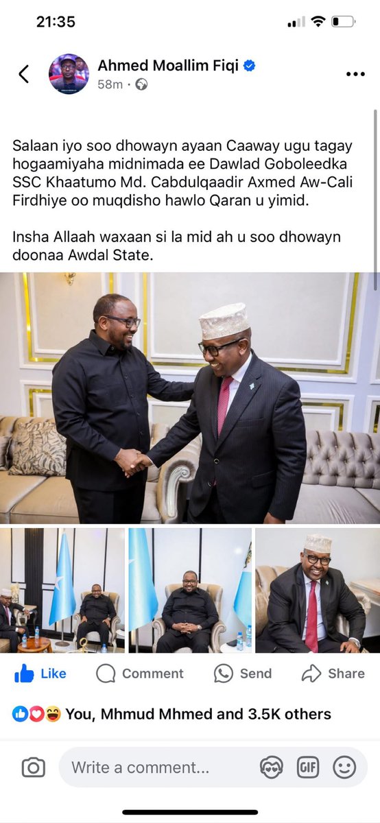 AliA68068's tweet image. Xaqiiq Goor dhaw waxaa si La Mid ah SSC KHAATUMO Loosoo dhaweeyay u filaynaa insha alaah #AWDAL_STATE.  

Waa kan Wasiir Midnimada Umadda Soomaaliyeed @AhmedMoFiqi oo Awdal State qoraal uusoo dhigay pagekiisa ku xusay. 

Wasiir @AhmedMoFiqi  Mahadsanid Guuleyso. 

Next President…