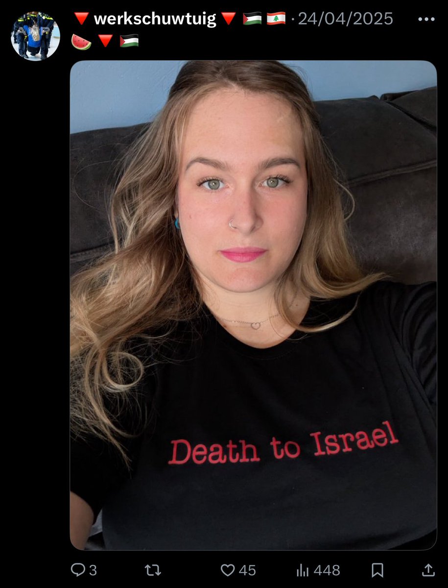Wat een enig t-shirt <a href="/thuisdus/">🔻werkschuwtuig🔻🇵🇸🇱🇧</a>, nu hoeft <a href="/Het_OM/">Openbaar Ministerie</a> en de <a href="/Politie/">Politie Nederland</a> niet te gissen naar je motivatie om bij de 2-min stilte tijdens de Dodenherdenking ‘Free Palestine’ te gaan schreeuwen. Dank voor je medewerking!