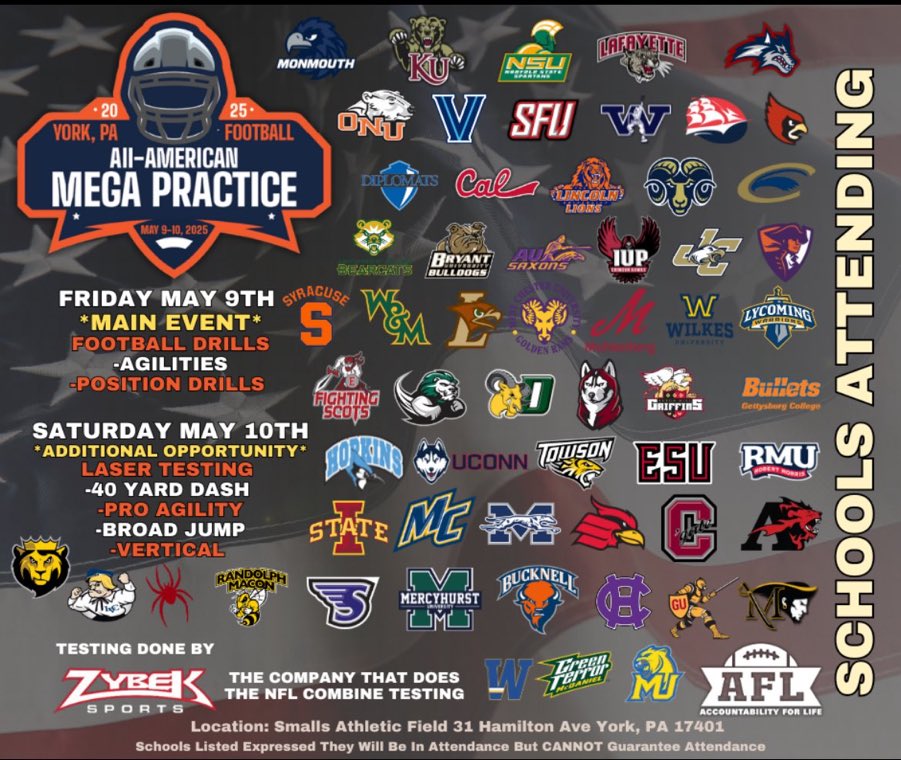 I will be at the York Mega Practice this Friday! I am excited to compete!! 
 <a href="/PaFootballNews/">Pennsylvania Football News</a> <a href="/vrizz52/">Vinnie Rizzo</a> <a href="/MCBDCLB/">Michael Burket</a> <a href="/CoachBozym/">Bobby Bozym</a> <a href="/jbeidler1/">Jack Beidler</a> <a href="/CoachCarson_1/">Austyn Carson</a> <a href="/ErikRaeburn/">Erik Raeburn</a> <a href="/Coach_KuligJ/">Jake Kulig</a> <a href="/CoachRalphClark/">Ralph Clark</a> <a href="/masonosborn22/">Mason Osborn</a> <a href="/CoachWaring/">Mike Waring</a> <a href="/CoachHoytGC/">Mike Hoyt</a> <a href="/Coach_Mi11er/">Andrew Miller</a> <a href="/realtbannerman/">Tyler Bannerman</a>