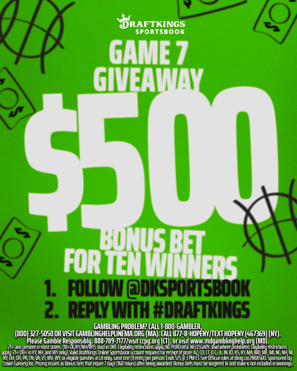 DraftKings Sportsbook (@dksportsbook) on Twitter photo We've got another Game 7 Giveaway dropping for y'all 🤑
To close out the Warriors vs. Rockets series, we're giving away TEN MORE $500 Bonus Bets. To enter, simply:
1. Follow <a href="/DKSportsbook/">DraftKings Sportsbook</a>
2. Reply with #DraftKings
10 Winners | $500 Bonus Bet | Rules: dkng.co/2NBA500 We've got another Game 7 Giveaway dropping for y'all 🤑
To close out the Warriors vs. Rockets series, we're giving away TEN MORE $500 Bonus Bets. To enter, simply:
1. Follow <a href="/DKSportsbook/">DraftKings Sportsbook</a>
2. Reply with #DraftKings
10 Winners | $500 Bonus Bet | Rules: dkng.co/2NBA500