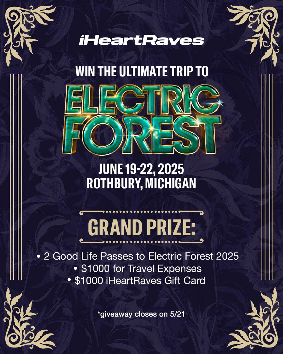 ⚡️🌲 WIN A TRIP TO ELECTRIC FOREST! ⚡️🌲⁠
enter to win 2 good life passes to <a href="/Electric_Forest/">Electric Forest ⚡🌲</a>, $1,000 in travel expenses and a $1,000 iHeartRaves gift card! 🔮✨ ⁠
⁠
ENTER:⁠
🏕 follow <a href="/iheartraving/">iHeartRaves</a> &amp; @electric_forest⁠
🏕 bit.ly/429eDYh
🏕 giveaway closes on 5/21⁠