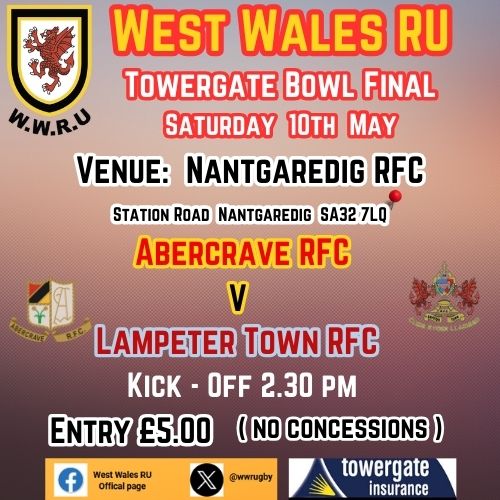 West Wales Rugby Union (@wwrugby) on Twitter photo <a href="/wwrugby/">West Wales Rugby Union</a> "Towergate" Bowl Final
Saturday 10th May in <a href="/NantgaredigRFC/">Nantgaredig RFC</a> Kick-Off 2.30 pm 🏉 <a href="/AllWalesSport/">All Wales Sport</a> <a href="/LampeterTownRFC/">Lampeter Town RFC</a> <a href="/AbercraveRFC/">Abercrave RFC</a> <a href="/TowergateWales/">Towergate Wales</a> <a href="/wwrugby/">West Wales Rugby Union</a> "Towergate" Bowl Final
Saturday 10th May in <a href="/NantgaredigRFC/">Nantgaredig RFC</a> Kick-Off 2.30 pm 🏉 <a href="/AllWalesSport/">All Wales Sport</a> <a href="/LampeterTownRFC/">Lampeter Town RFC</a> <a href="/AbercraveRFC/">Abercrave RFC</a> <a href="/TowergateWales/">Towergate Wales</a>