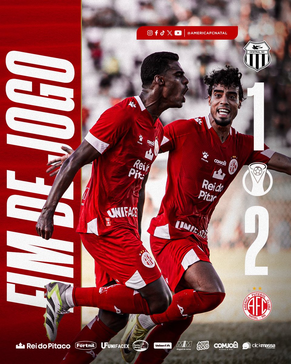AmericaFCNatal's tweet photo. 53'/2T | Central/PE 1x2 América

VITÓRIA DO MECÃO NA RAÇA ALVIRRUBRA! 🇦🇹

Fora de casa e com um jogador a menos, o América venceu o Central/PE por 2 a 1, no Estádio Lacerdão, em Caruaru. 🏟️

Ferreira e Salatiel marcaram os gols do Mecão! ⚽

Com a vitória, o Alvirrubro chegou aos 7 pontos, segue invicto na competição e assumiu a liderança do Grupo A3 da Série D. 📈

O próximo desafio do Orgulho do RN será contra o Santa Cruz/PE, em Recife. 📍

VAMOS JUNTOS EM BUSCA DO ACESSO, MAIOR! 🚀

📸 Edmário Oliveira / AFC

#AméricaFutebolClube #OrgulhoDoRN #PraCimaMecão #CampeonatoBrasileiro2025