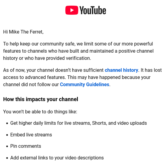 miketheferret.bsky.social (@mike_the_ferret) on Twitter photo Hey uh <a href="/YouTubeCreators/">YouTube Creators</a> what the hell is this? I've literally been uploading videos since 2018, what do you mean I have no sufficient channel history? Hey uh <a href="/YouTubeCreators/">YouTube Creators</a> what the hell is this? I've literally been uploading videos since 2018, what do you mean I have no sufficient channel history?