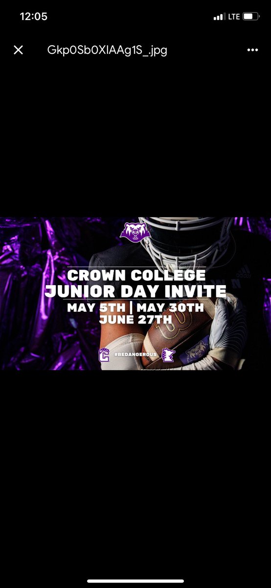 I will be at <a href="/CrownCollegeFB/">Crown College Football</a> tommorw. Excited to go and meet the coaching staff. <a href="/LJ4452/">Luke Johnson</a> <a href="/_Coach_Franz/">Coach Franz</a> <a href="/bear_football/">White Bear Football</a> <a href="/PrepRedzoneMN/">Prep Redzone Minnesota</a> <a href="/OJW_Scouting/">PrepRedzone Oliver</a> <a href="/NWahlScouting/">Nate Wahl</a>