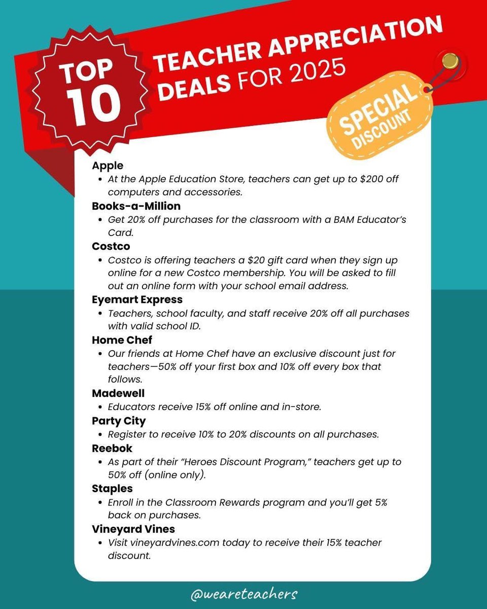 🌟 Lots of businesses are offering Teacher Appreciation Week deals and treats to reward educators for all their hard work, so be sure to get out there and take advantage of it all!

See the full list: weareteachers.com/teacher-apprec…
