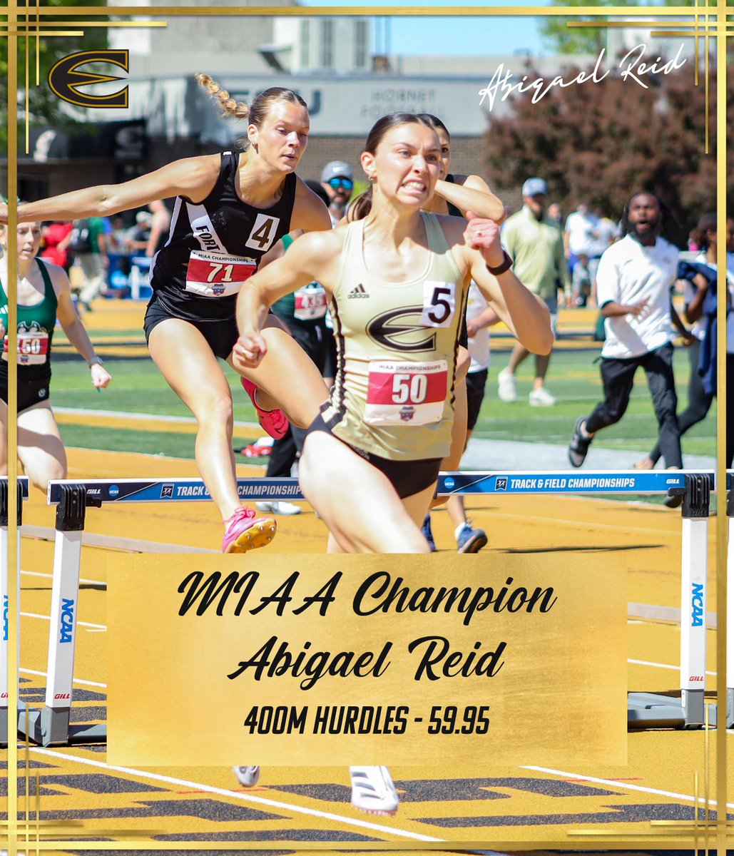 At <a href="/TheMIAA/">The MIAA</a> Championships, Abigael Reid wins the 400m hurdles with a personal-best 59.95. Reid's time is the second-best in <a href="/ESUHornetsTFXC/">ESU Track & Field/Cross Country</a> history. #Stingersup