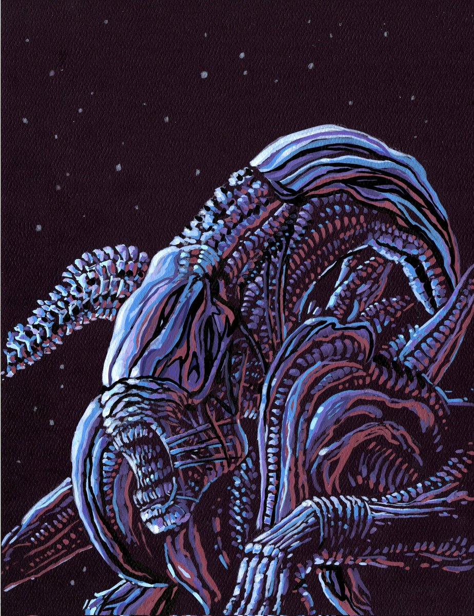 Alien done with acrylic brush pens on plum-coloured. Sort of an experiment. 90 mins work.