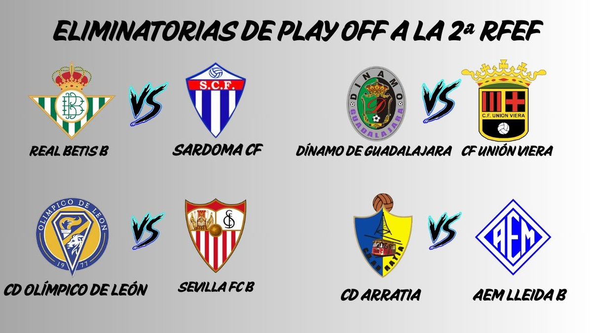 YA TENEMOS DEFINIDOS LAS ELIMINATORIAS PARA EL ASCENSO A LA 2ª RFEF 25/26:

📆La ida se disputara el 10/11 de Mayo y la vuelta el 17/18 de mayo.

A continuación os explicaremos el formato por si tenéis alguna duda:
