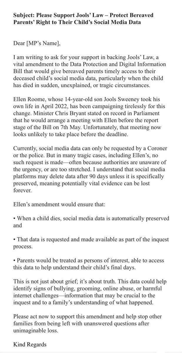 Miss_Snuffy's tweet photo. Amazing mother ⁦@ellen_roome⁩ is fighting for the right to see her son’s social media history before he died doing a Tik Tok prank.😩

Please write to your MP with a version of the letter below backing her.

So sad. These evil giants like Tik Tok need holding to account. https://t.co/ajufBk3u2T