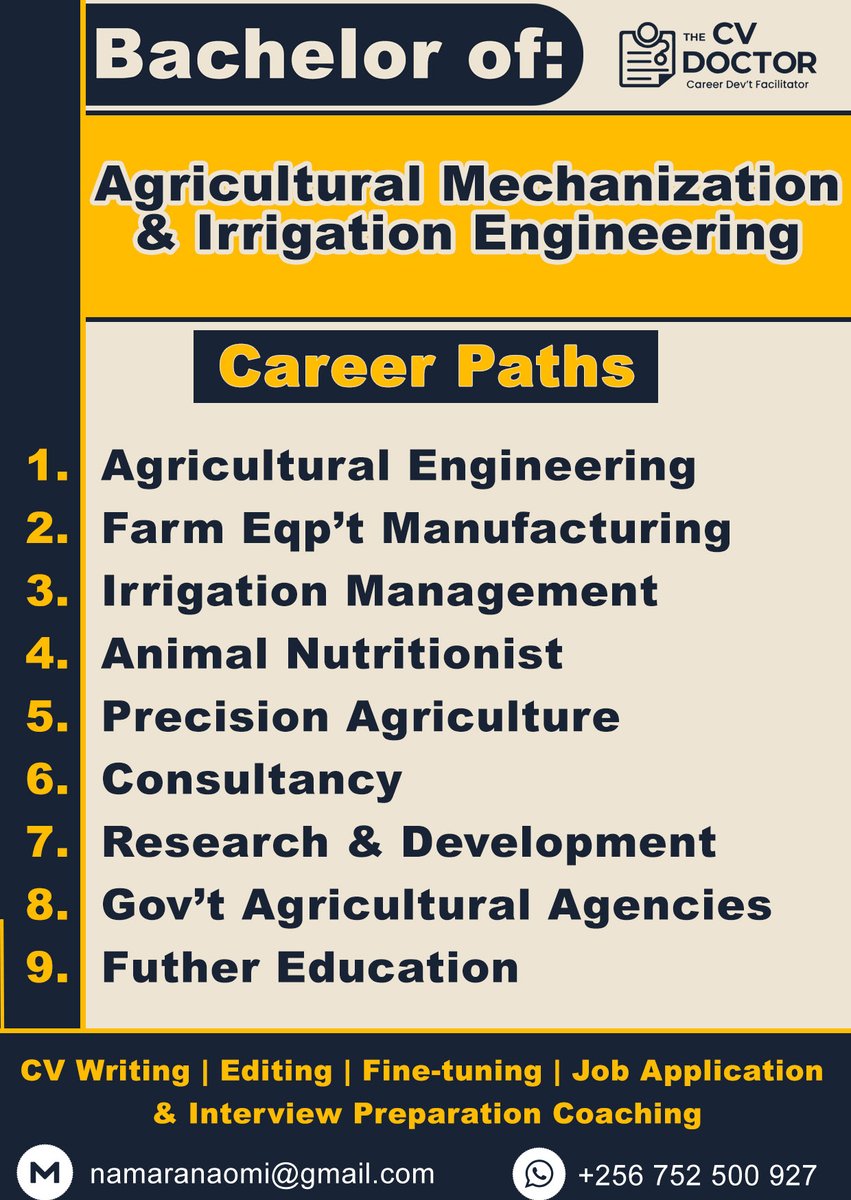 BaketungaNaome's tweet image. Revolutionizing farming through technology, your degree in Agricultural Mechanization &amp;amp; Irrigation Engineering empowers you to enhance productivity and water management. Let your CV highlight your engineering solutions for sustainable agriculture. #AgriEngineering