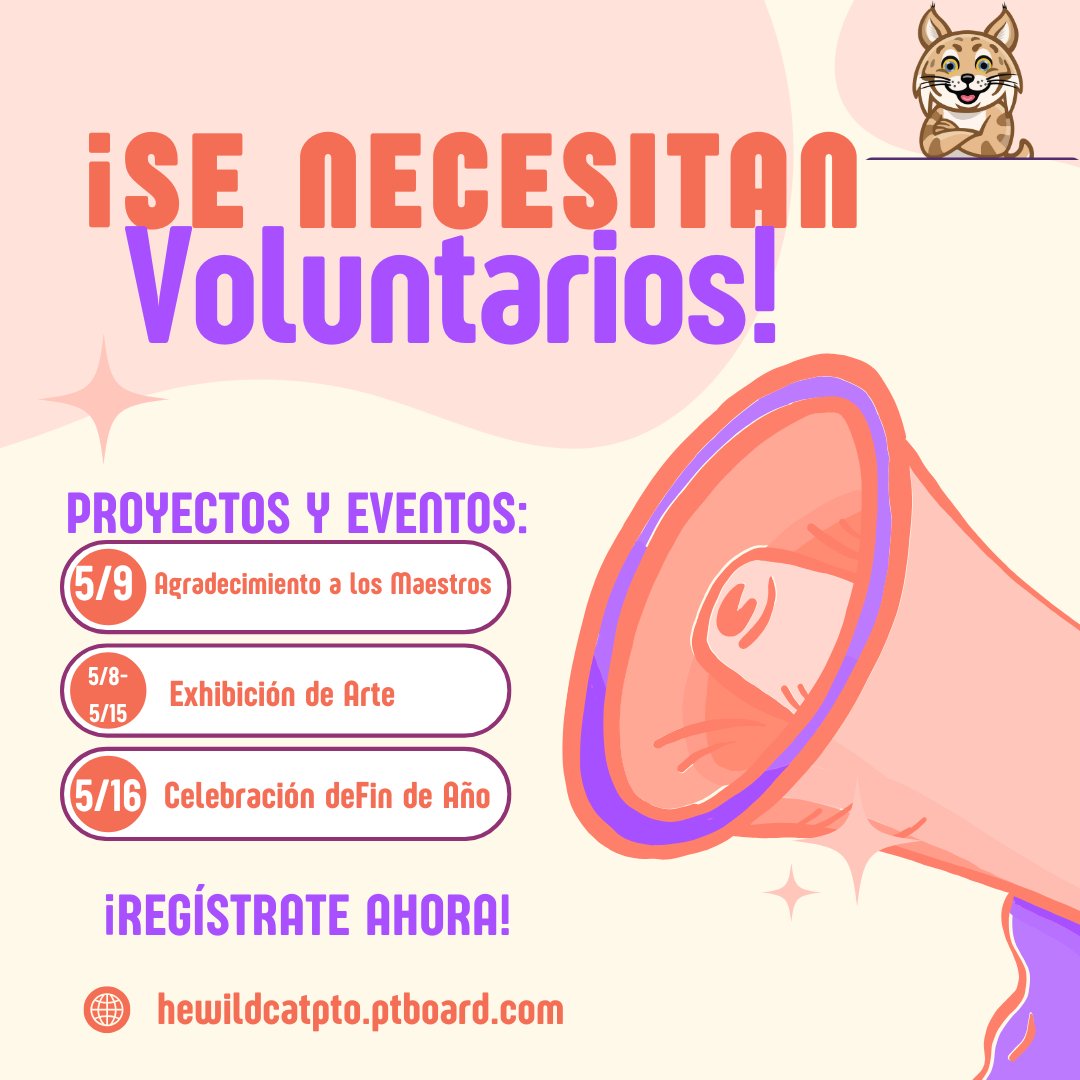 We’ve got exciting events coming up and we need YOUR help to make them a success! From Teacher Appreciation to our Art Assembly and End of Year Celebration—there’s a spot for everyone to get involved. 💪🎉
👉 Sign up now: hewildcatpto.ptboard.com
#HEWildcatPTO #VolunteerWithUs