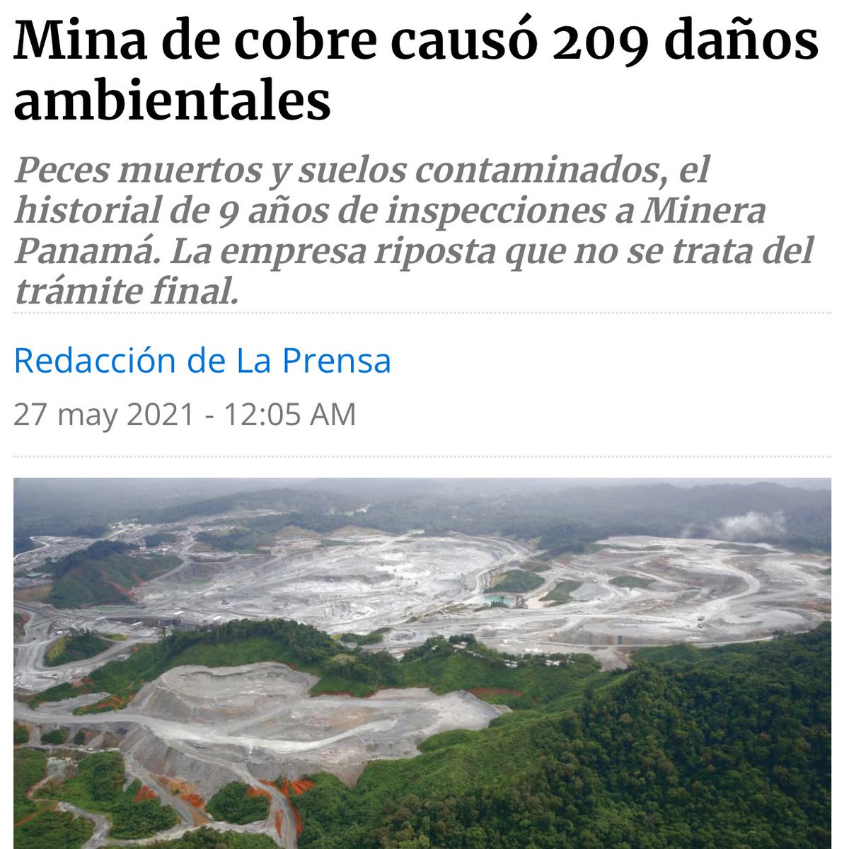Javier Eduardo Baldeolivar Arias (@javbaldeolivar) on Twitter photo Entre 2012 y 2019, el <a href="/MiAmbientePma/">Ministerio de Ambiente de Panamá</a> identificó 209 incumplimientos ambientales en la mina de <a href="/Cobre_Panama/">Cobre Panamá</a>, como descargas de metales pesados y químicos tóxicos en ríos como el Botija, afectando la biodiversidad y la calidad del agua, con consecuencias para la salud humana. Entre 2012 y 2019, el <a href="/MiAmbientePma/">Ministerio de Ambiente de Panamá</a> identificó 209 incumplimientos ambientales en la mina de <a href="/Cobre_Panama/">Cobre Panamá</a>, como descargas de metales pesados y químicos tóxicos en ríos como el Botija, afectando la biodiversidad y la calidad del agua, con consecuencias para la salud humana.