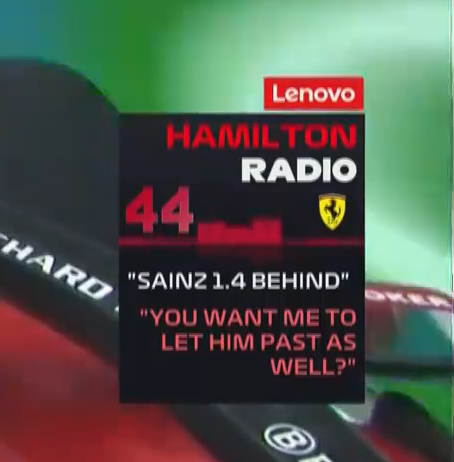 ElReyGuiri's tweet photo. Ing: "Sainz a 1.4s"

Hamilton: "¿Tambien QUERÉIS QUE LE DEJE PASAR?" https://t.co/f69o5vaBki