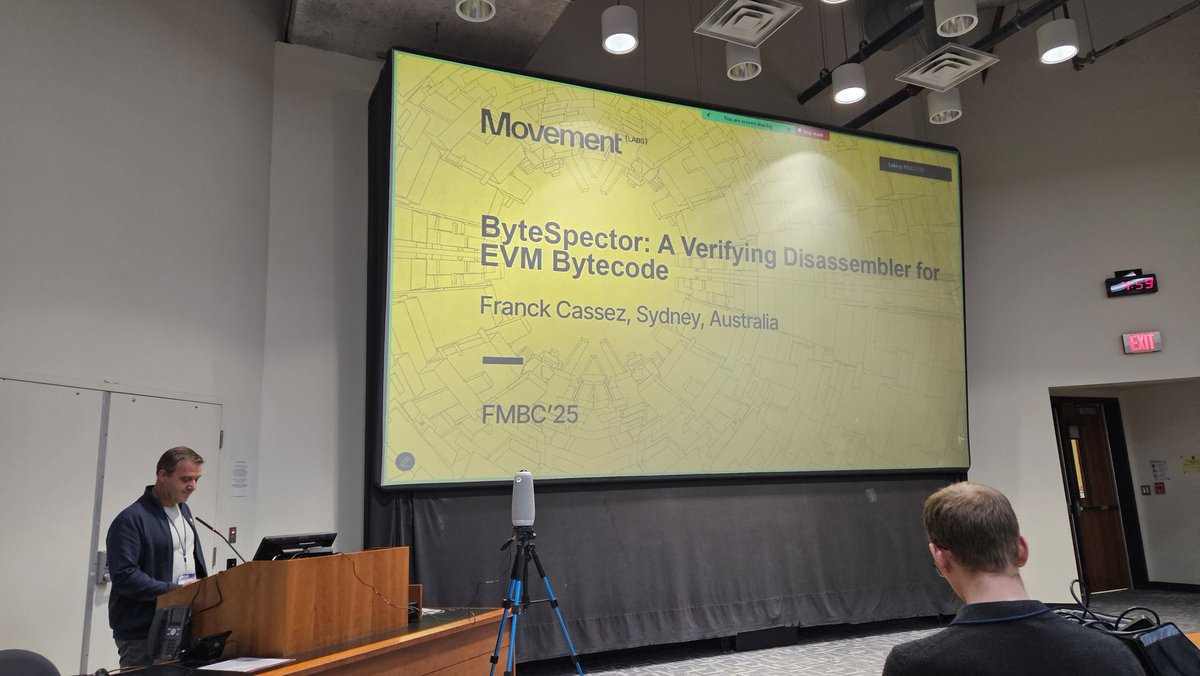Diego Marmsoler (@diegomarmsoler) on Twitter photo We just started the last technical session of #FMBC with a talk of <a href="/franckDownunder/">franck cassez</a> which presents his work on "ByteSpector: A Verifying Disassembler for EVM Bytecode" We just started the last technical session of #FMBC with a talk of <a href="/franckDownunder/">franck cassez</a> which presents his work on "ByteSpector: A Verifying Disassembler for EVM Bytecode"
