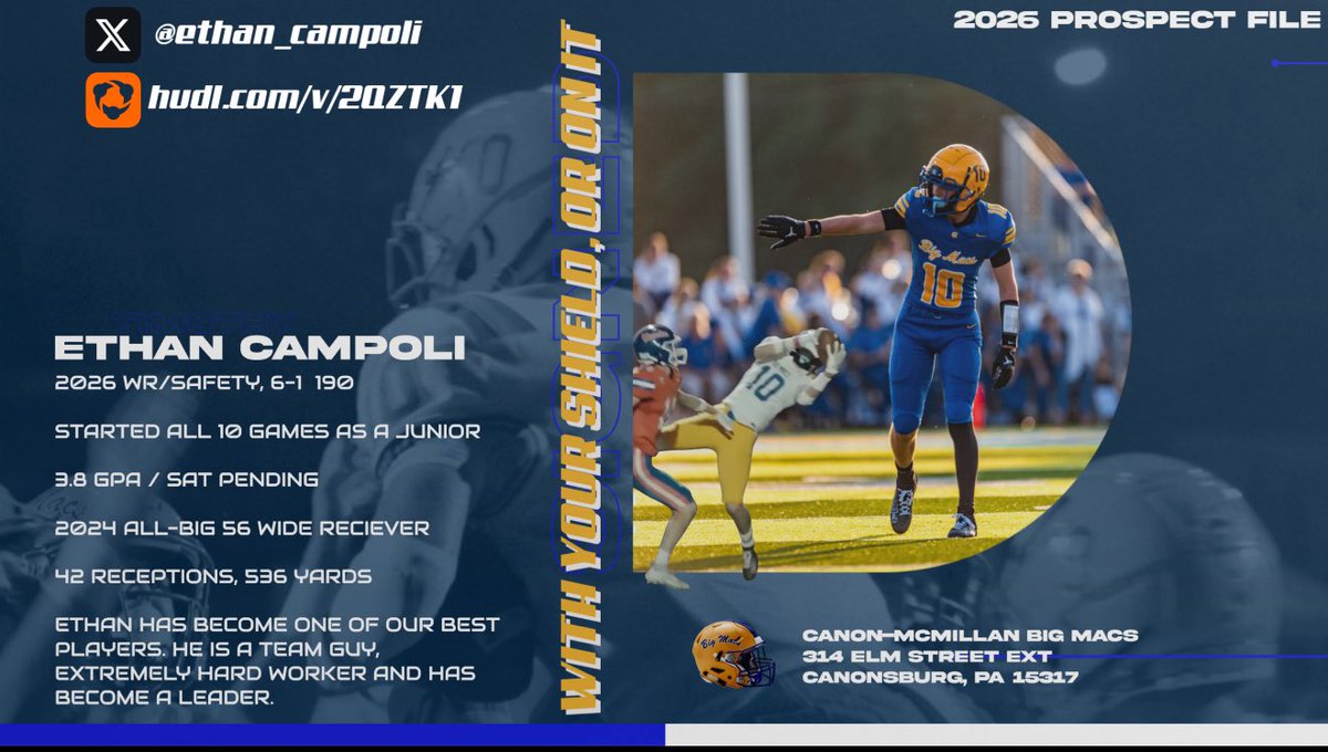 2026 Prospect File
<a href="/ethan_campoli/">Ethan Campoli</a> <a href="/wpialsportsnews/">WPIAL Sportsmen</a> <a href="/WPIAL_Insider/">WPIAL Insider</a> <a href="/TheWPIALEdition/">The W.P.I.A.L. Edition</a> <a href="/PghSportsNow/">Pittsburgh Sports Now</a> <a href="/PAPrepsRivals/">PA Preps</a> <a href="/CHarlan_Trib/">Chris Harlan</a> <a href="/CMSportsk12/">CM Sports</a> <a href="/CanonMacSports/">Canon-McMillan Sports</a> <a href="/CMFAA10/">Canon-McMillan Football Alumni Association</a>