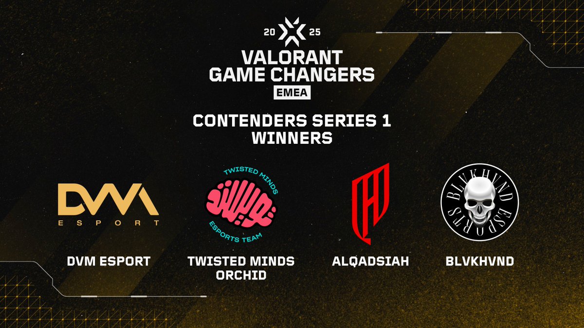 DivE (@divesports_org) on Twitter photo Congratulations to the winners of #VCTGameChangersEMEA Contenders Series 1!
These four teams will join the remaining 6 teams for Stage 2 - starting May 26th🔥
🔸 <a href="/DVM_Esport/">DVM</a>
🔸 <a href="/TwisMinds/">Twisted Minds 🧠</a>
🔸 <a href="/AlQadsiahES/">AlQadsiah Esports</a>
🔸 <a href="/BLVKHVND/">BLVKHVND</a> Congratulations to the winners of #VCTGameChangersEMEA Contenders Series 1!
These four teams will join the remaining 6 teams for Stage 2 - starting May 26th🔥
🔸 <a href="/DVM_Esport/">DVM</a>
🔸 <a href="/TwisMinds/">Twisted Minds 🧠</a>
🔸 <a href="/AlQadsiahES/">AlQadsiah Esports</a>
🔸 <a href="/BLVKHVND/">BLVKHVND</a>