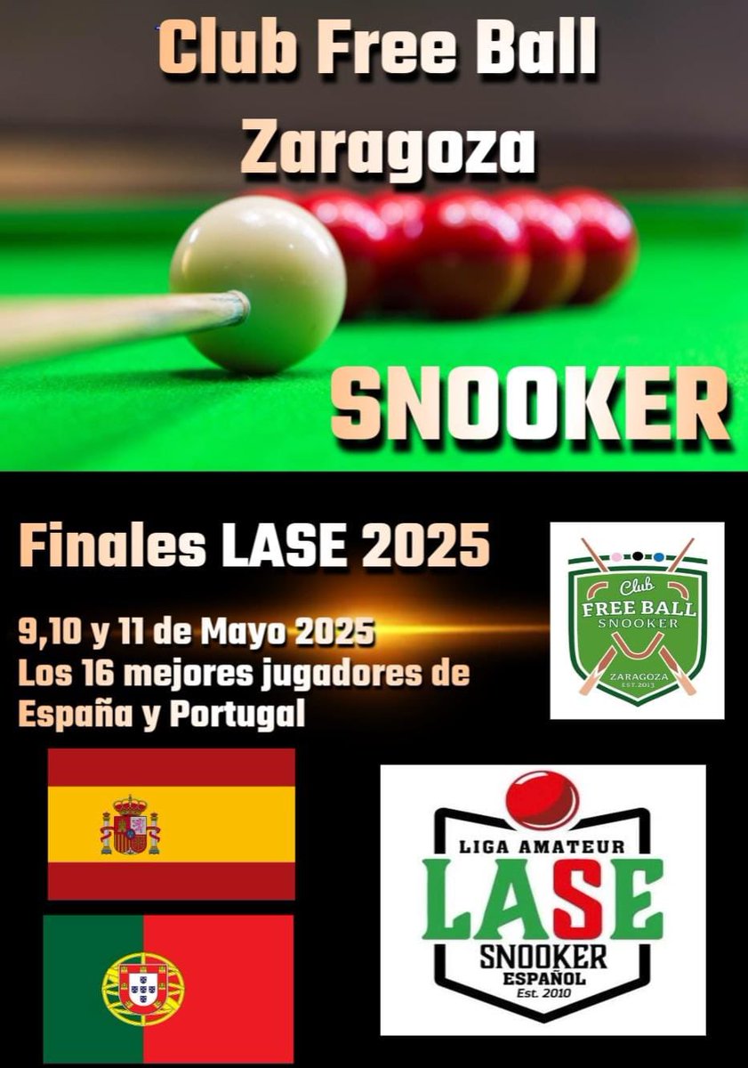 Snookerzaragoza's tweet photo. Nuestro club será Sede de las finales de LASE. Los 16 mejores jugadores de España y Portugal se reunirán en Zaragoza el fin de semana que viene. Entre ellos están 2 de nuestros jugadores, Paco Santos y Rafa Argente que realizaron una brillante actuación en Liga y play offs. https://t.co/wIn5krwk8F