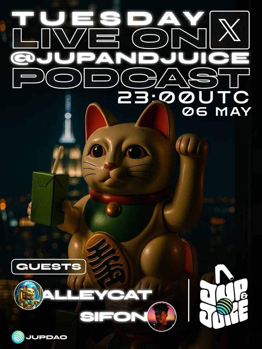 JOIN US TUESDAY INNIT

Alley cat gives us the inside story 
behind Jupiters event at solana accelerate

Sifon one of the voices of the Jupiverse 
drops bars for the culture

The Jupiverse moves fast DONT MISS OUT check in