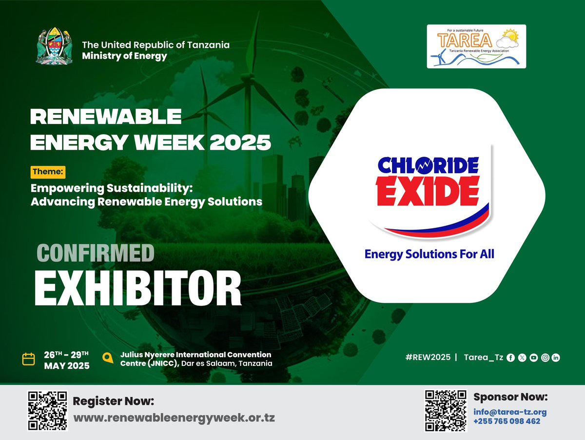 TAREA is proud to announce <a href="/chlorideexidetz/">Chloride Exide Tanzania</a> as official exhibitor during the Renewable Energy Week on 28th&amp;29th May 2025 at JNICC Dar es Salaam

Together we are shaping a brighter future for Tanzania renewables landscape. 

Register via
🔗 RenewableEnergyWeek.or.tz

#rew2025event