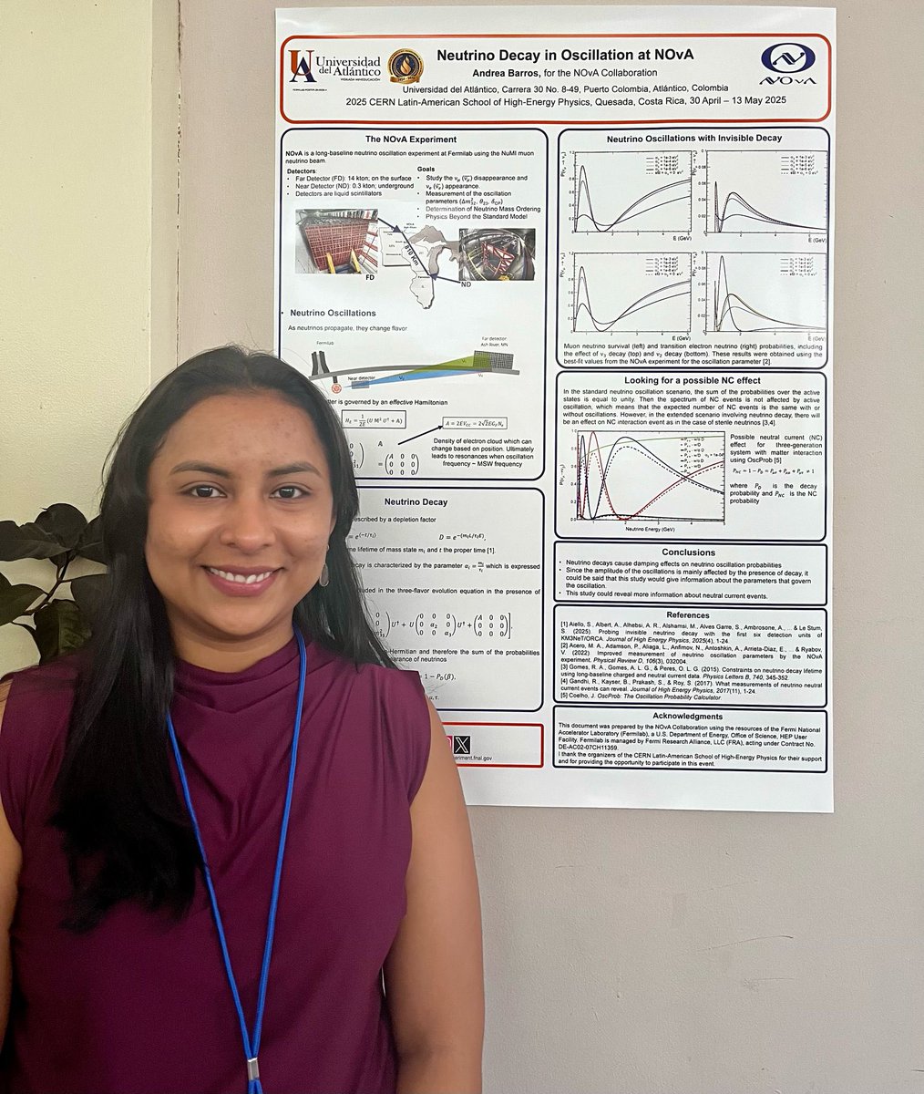 FisicaUA's tweet photo. #AlertaEgresada #FísicaSeMueve #PEyCOS En su póster “Neutrino decay in oscillation at NOvA” propone la búsqueda de evidencia del decaimiento de neutrinos en los datos de oscilación de estas partículas de @novaexperiment, un fenómeno de #Física más allá del ME #BSM #CLASHEP 2/3 https://t.co/nC7nrmSm0A