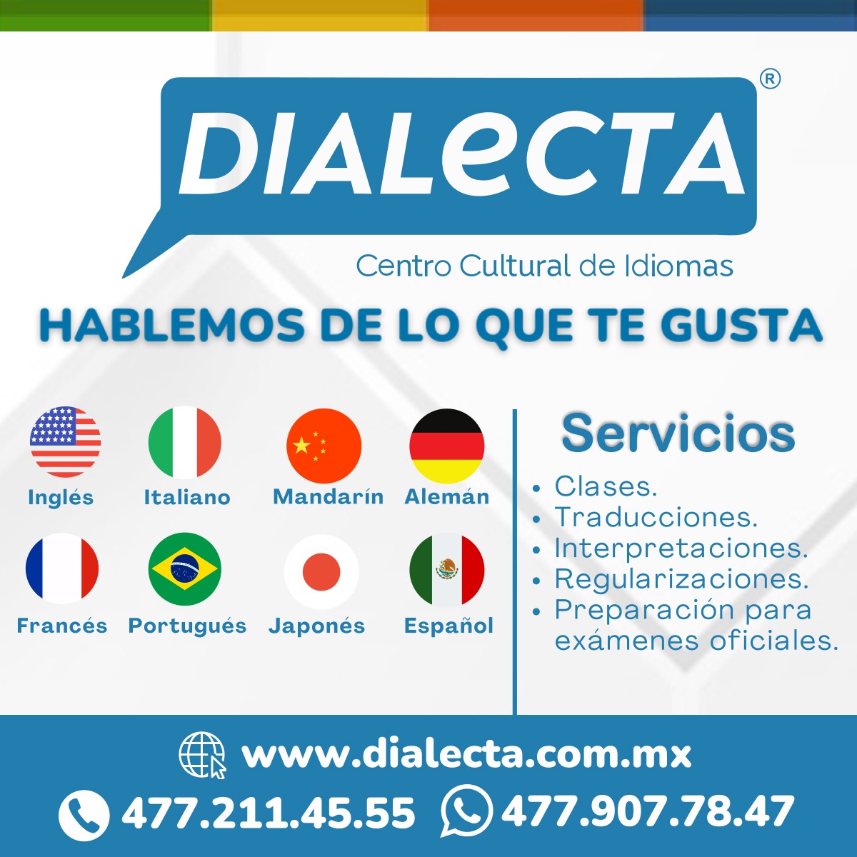 En Dialecta Centro Cultural de Idiomas as 🌍✨ te ayudan a alcanzar tus metas personales y profesionales 🎯💼 a través de la inmersión total y la práctica continua del idioma que elijas 🗣️📚. ¡Vive el idioma, no solo lo aprendas! 🌟