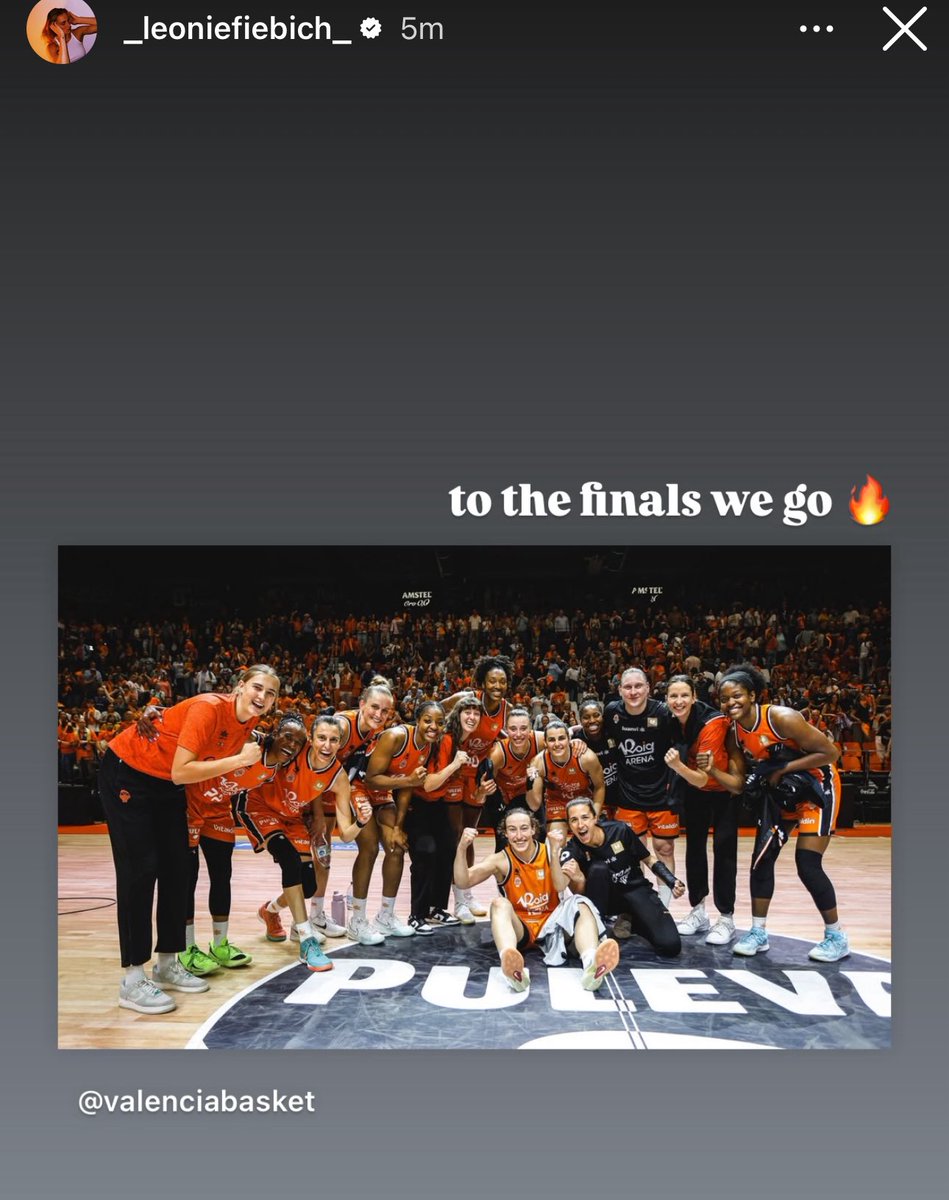 Leonie Fiebich on IG: “To the finals we go”

Valencia will play in the #LFEndesa Finals against Leo’s former team, Zaragoza. If Valencia wins, it will be their THIRD consecutive championship. 

However, it will give Leonie her first LF Endesa championship. 

#WNBATwitter 🗽🏀