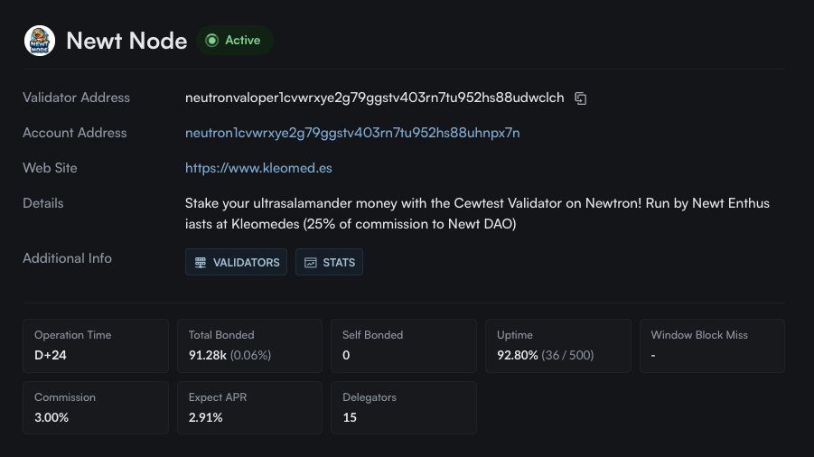 Newt Node is ACTIVE!

We need your help to keep it that way!

Delegate $NTRN Now: stake-hub.xyz/neutron/delega…

<a href="/neutron_org/">Neutron 🔀</a>
<a href="/Newtrawn_org/">Newt 🔊🦎💰🔀</a> 
<a href="/CewtsCult/">CEWTS 🔀 MINTING ON SUPERBOLT.WTF</a>