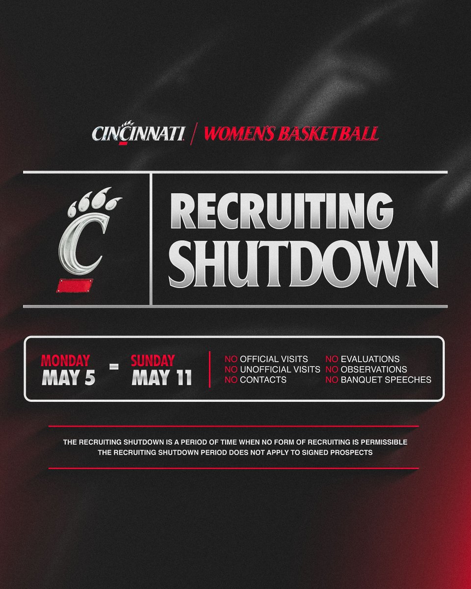 The recruiting shutdown begins tomorrow 🚫 

We'll be back at it next week!

#TheSisterhood | #Bearcats
