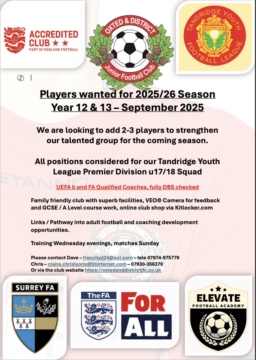 Dave French (@frenchyd24) on Twitter photo Oxted & District U17/18's (Sept 25 - year 12 & 13)
***PLAYERS WANTED***
DM or contact details on the flyer - pls retweet
<a href="/oxtedfc/">Oxted FC</a> <a href="/OxtedWfc/">Oxted Womens Football Club</a> <a href="/GodstoneFC/">Godstone FC</a> @PTeamfinder <a href="/LoveRedhill/">Love Redhill</a> <a href="/LoveMerstham/">Love Merstham</a> <a href="/LoveReigate/">LoveReigate</a> <a href="/LoveEdenbridge/">Love Edenbridge❤</a> <a href="/WesterhamFC/">Westerham FC</a> <a href="/MersthamFC1892/">Merstham FC (Official)</a> <a href="/redhillfc/">Redhill FC</a> <a href="/yourtownreigate/">Your Town Reigate</a> Oxted & District U17/18's (Sept 25 - year 12 & 13)
***PLAYERS WANTED***
DM or contact details on the flyer - pls retweet
<a href="/oxtedfc/">Oxted FC</a> <a href="/OxtedWfc/">Oxted Womens Football Club</a> <a href="/GodstoneFC/">Godstone FC</a> @PTeamfinder <a href="/LoveRedhill/">Love Redhill</a> <a href="/LoveMerstham/">Love Merstham</a> <a href="/LoveReigate/">LoveReigate</a> <a href="/LoveEdenbridge/">Love Edenbridge❤</a> <a href="/WesterhamFC/">Westerham FC</a> <a href="/MersthamFC1892/">Merstham FC (Official)</a> <a href="/redhillfc/">Redhill FC</a> <a href="/yourtownreigate/">Your Town Reigate</a>