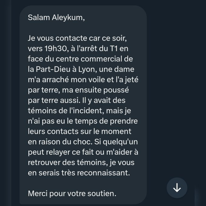 🚨🇫🇷🧕ALERTE INFO - Une femme voilée s’est fait ARRACHER SON VOILE et a été violemment POUSSÉE AU SOL aujourd’hui à Lyon. L’auteure des faits a pris la fuite. (via <a href="/Tajmaat_Service/">Tajmaât</a>)