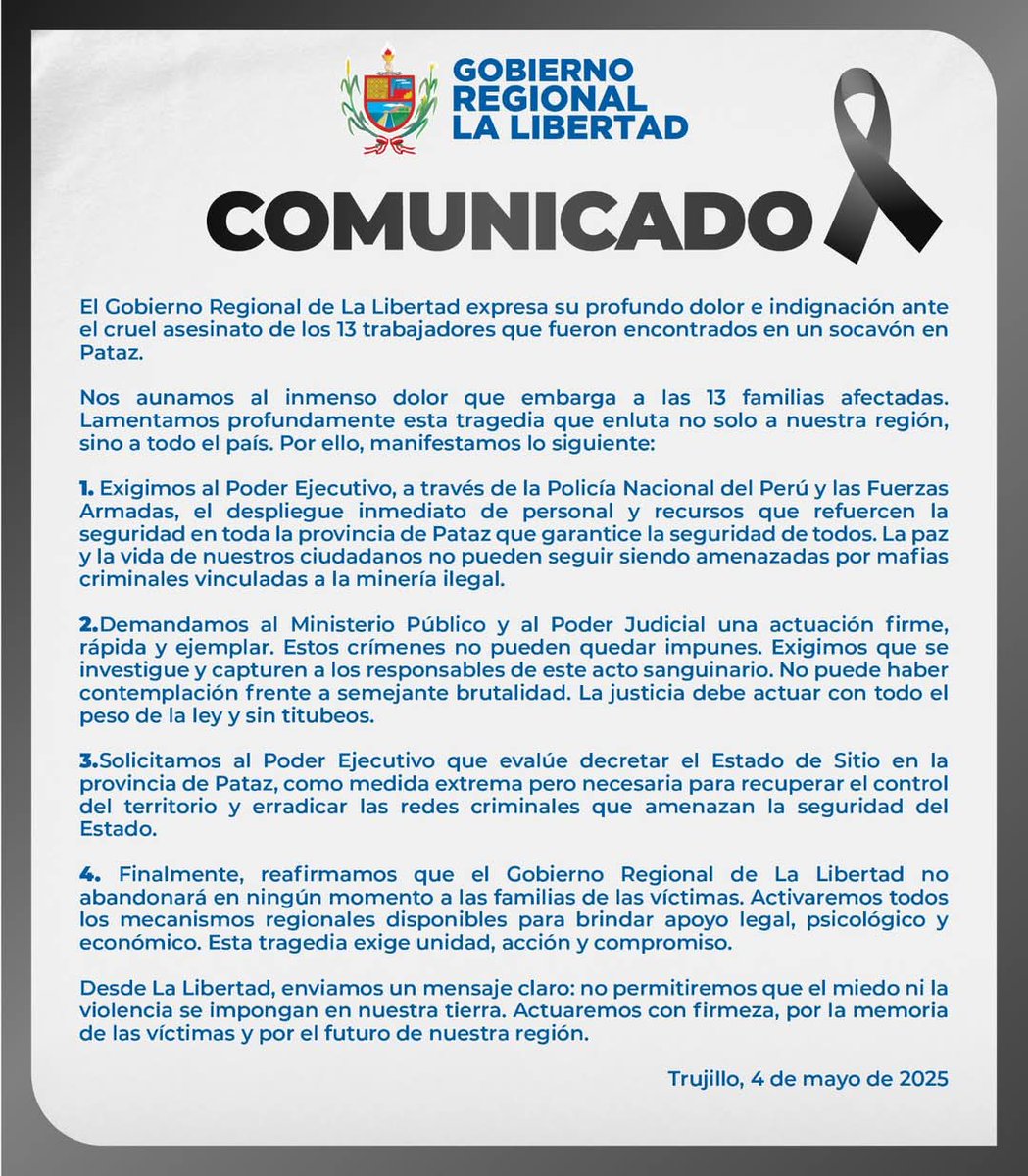 #Comunicado || Expresamos nuestro profundo dolor e indignación ante el cruel asesinato de los 13 trabajadores que fueron encontrados en un socavón en la provincia de #Pataz.