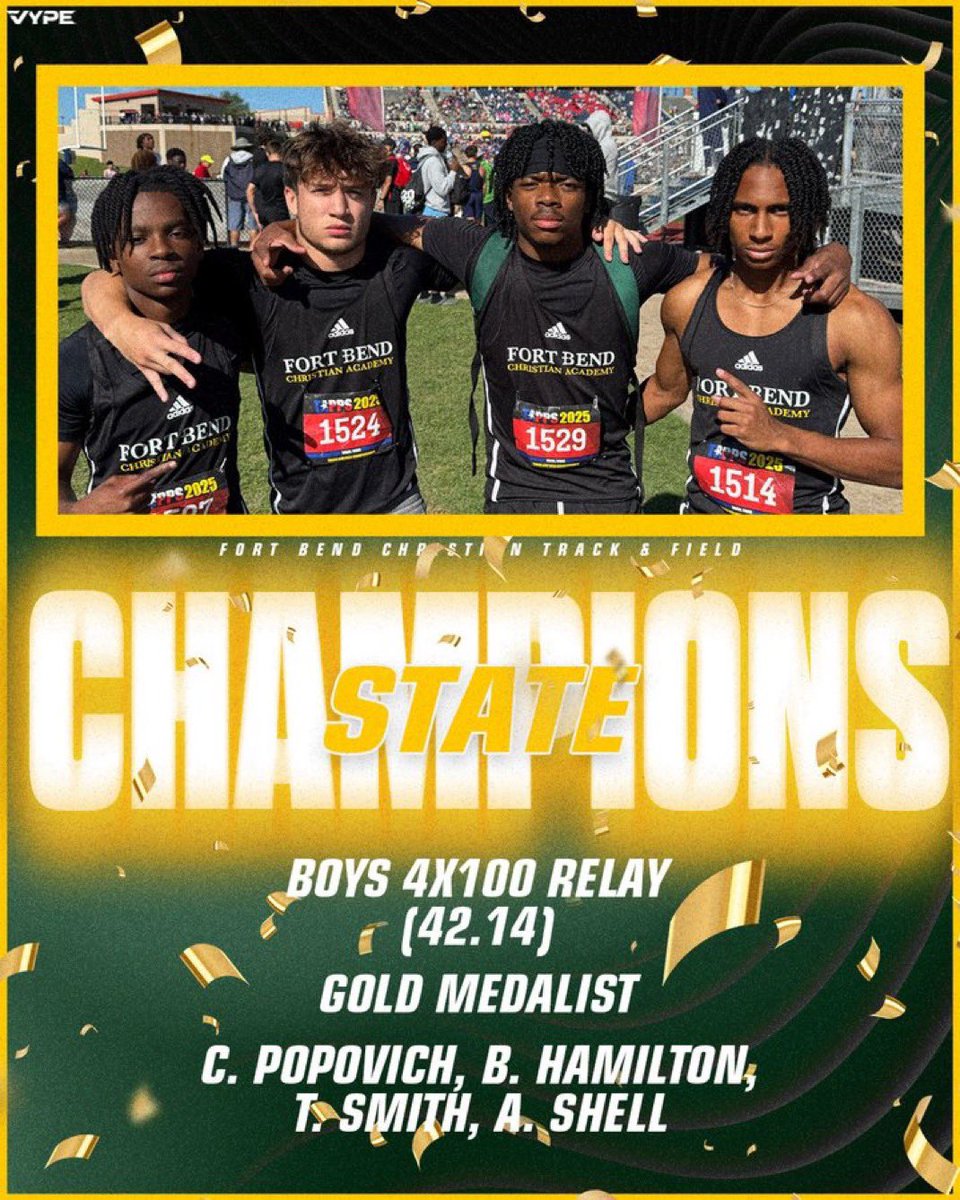 TJ Smith (@tjsmith_24) on Twitter photo STATE CHAMPS!
Grateful to run with my brothers and bring it home — TAPPS 5A Boys 4x100 Relay Champs!
We trusted the grind, believed in each other, and got it done.
Proud to rep FBCA Eagles!
#FBCAEagles #TAPPS #StateChamps2025 #4x100RelayChamps <a href="/BlakeHamilton31/">Blake Hamilton</a> <a href="/ColtonPopovich7/">Colton Popovich</a> STATE CHAMPS!
Grateful to run with my brothers and bring it home — TAPPS 5A Boys 4x100 Relay Champs!
We trusted the grind, believed in each other, and got it done.
Proud to rep FBCA Eagles!
#FBCAEagles #TAPPS #StateChamps2025 #4x100RelayChamps <a href="/BlakeHamilton31/">Blake Hamilton</a> <a href="/ColtonPopovich7/">Colton Popovich</a>