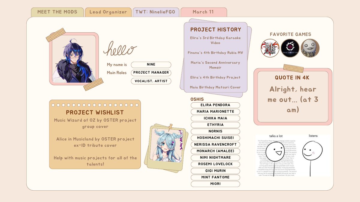 ☔️MEET THE MODS☔️

🌑Lead Organizer: <a href="/NinelieFGO/">Nine 🌑🎼 @ FFV 100%</a> 🌑

Seven might have eaten Nine, but that won't stop the project ideas from coming out! Join our server to see the "hear me outs' happening in real time~! 

Discord invite is in bio 🫶