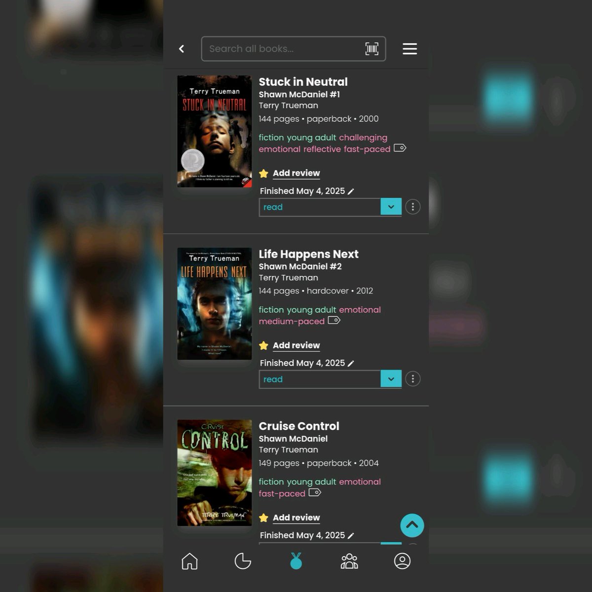 Wow what can I say. Pov from a 14 year old boy with severe cerebral Palsy. Cruise control is a companion book to stuck in neutral wrote in the brother's pov #bookrecs #terrytrueman #cerebralpalsy